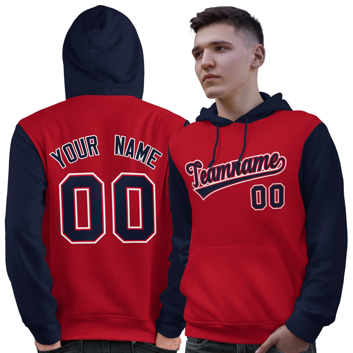Custom Red Navy-White Raglan Sleeves Pullover Personalized Sweatshirt Hoodie| KXKSHOP