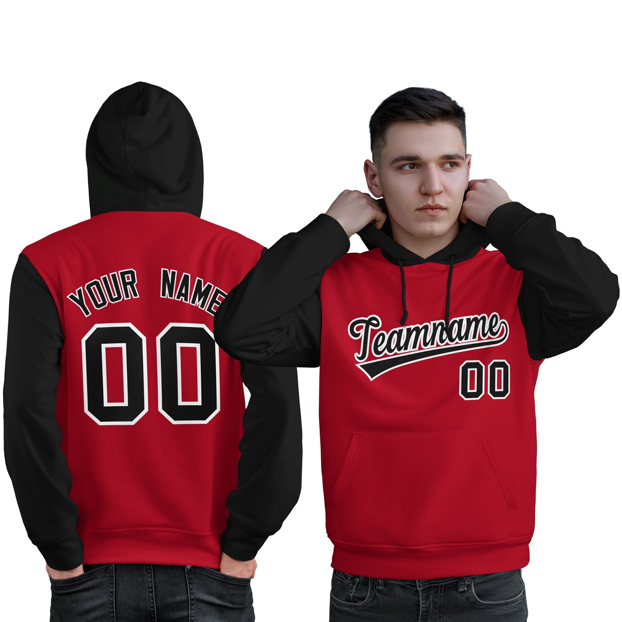 Custom Red Black-White Raglan Sleeves Pullover Personalized Sweatshirt Hoodie| KXKSHOP