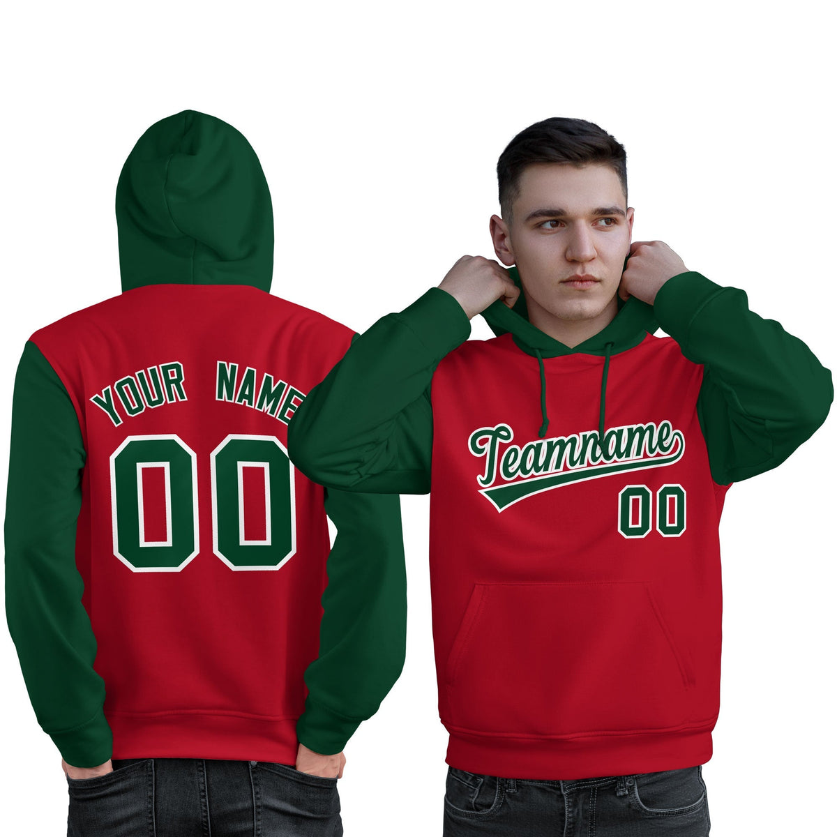 Custom Red Green-White Raglan Sleeves Pullover Personalized Sweatshirt Hoodie| KXKSHOP