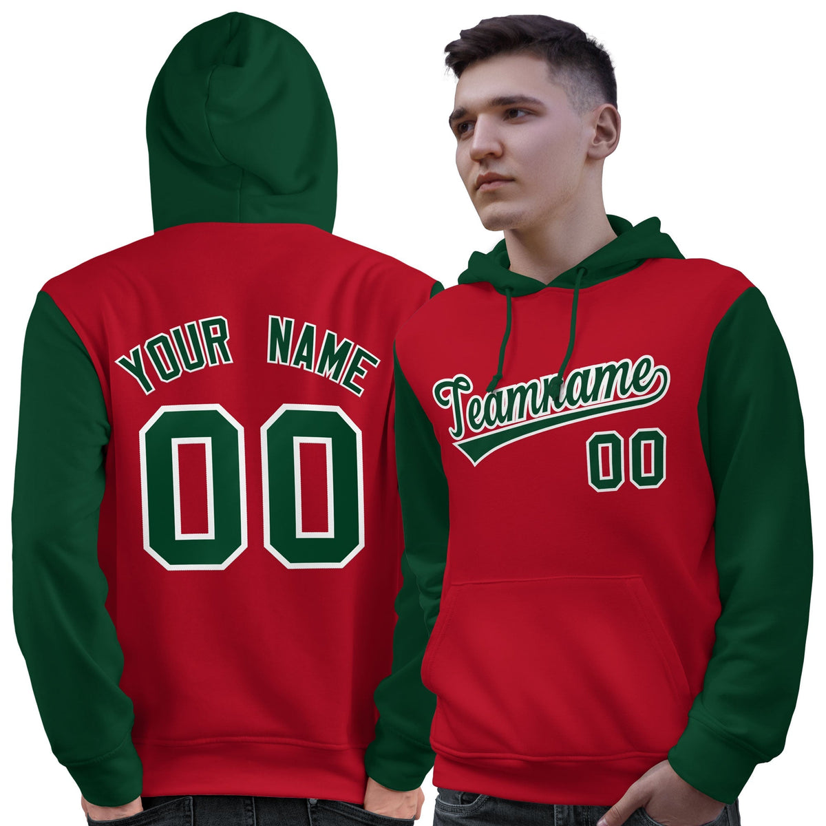Custom Red Green-White Raglan Sleeves Pullover Personalized Sweatshirt Hoodie| KXKSHOP