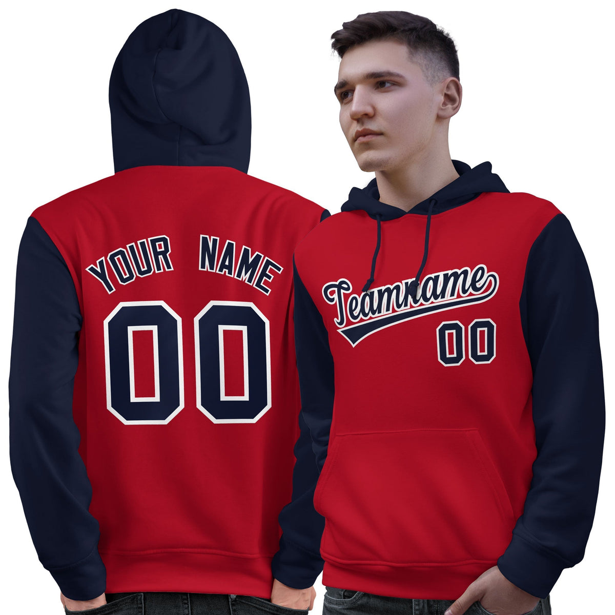Custom Red Navy-White Raglan Sleeves Pullover Personalized Sweatshirt Hoodie| KXKSHOP