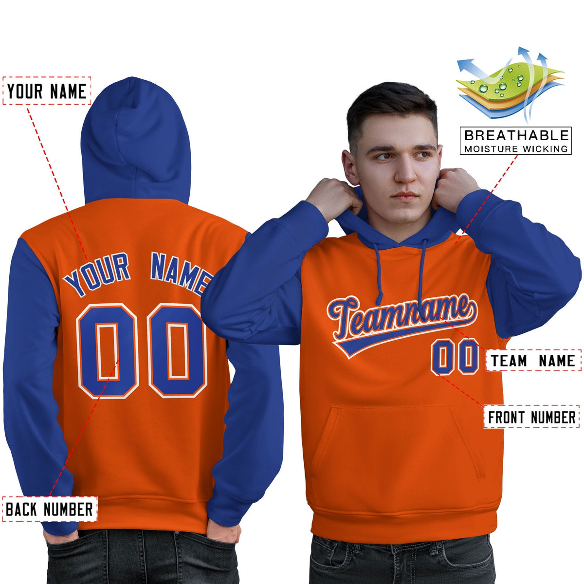 Custom Orange Royal-White Raglan Sleeves Pullover Personalized Sweatshirt Hoodie| KXKSHOP