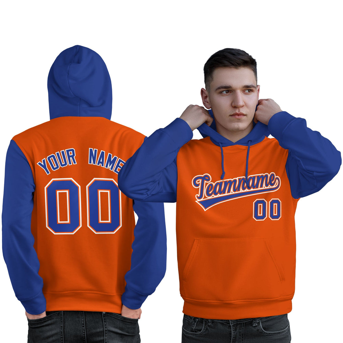 Custom Orange Royal-White Raglan Sleeves Pullover Personalized Sweatshirt Hoodie| KXKSHOP