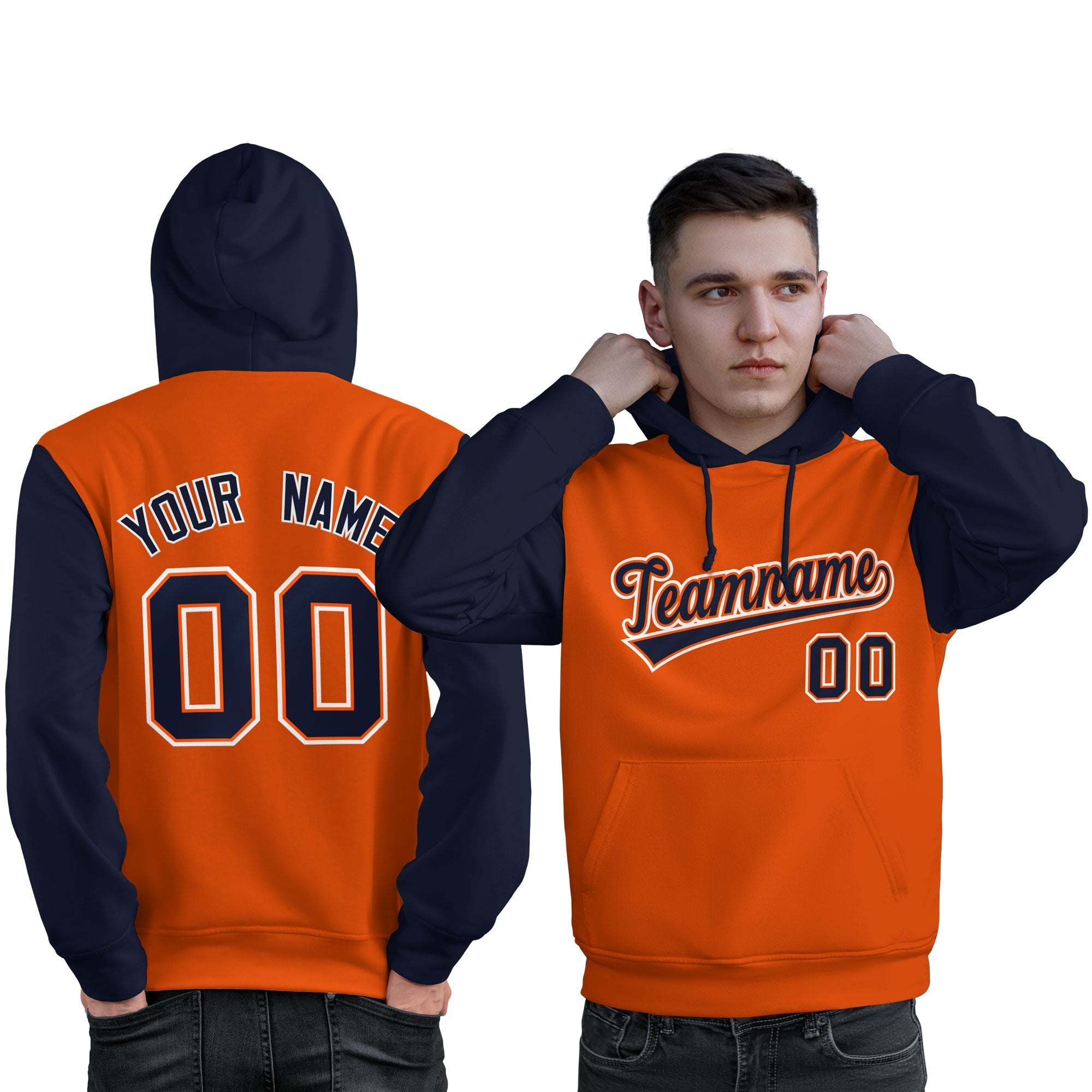 Custom Orange Navy-White Raglan Sleeves Pullover Personalized Sweatshirt Hoodie| KXKSHOP
