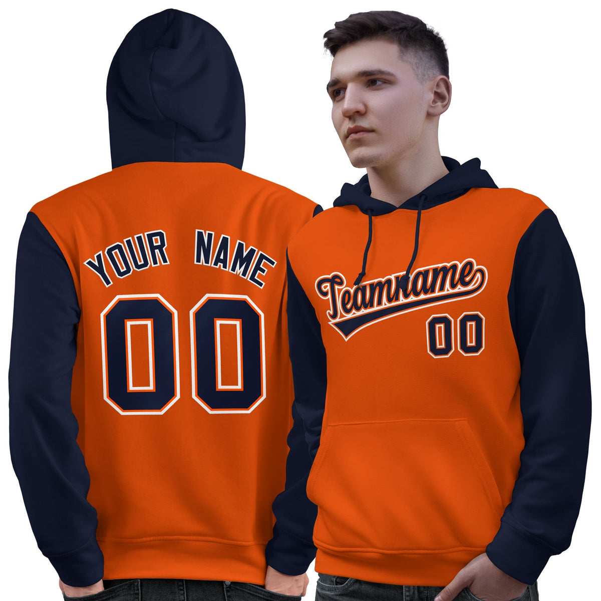 Custom Orange Navy-White Raglan Sleeves Pullover Personalized Sweatshirt Hoodie| KXKSHOP