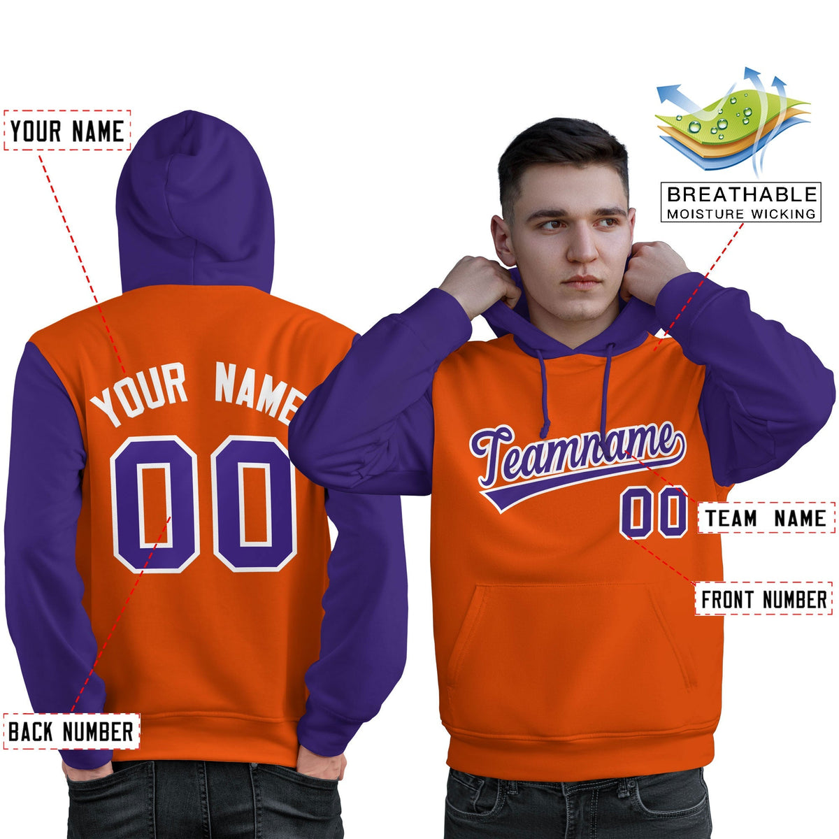 Custom Orange Purple-White Raglan Sleeves Pullover Personalized Sweatshirt Hoodie| KXKSHOP