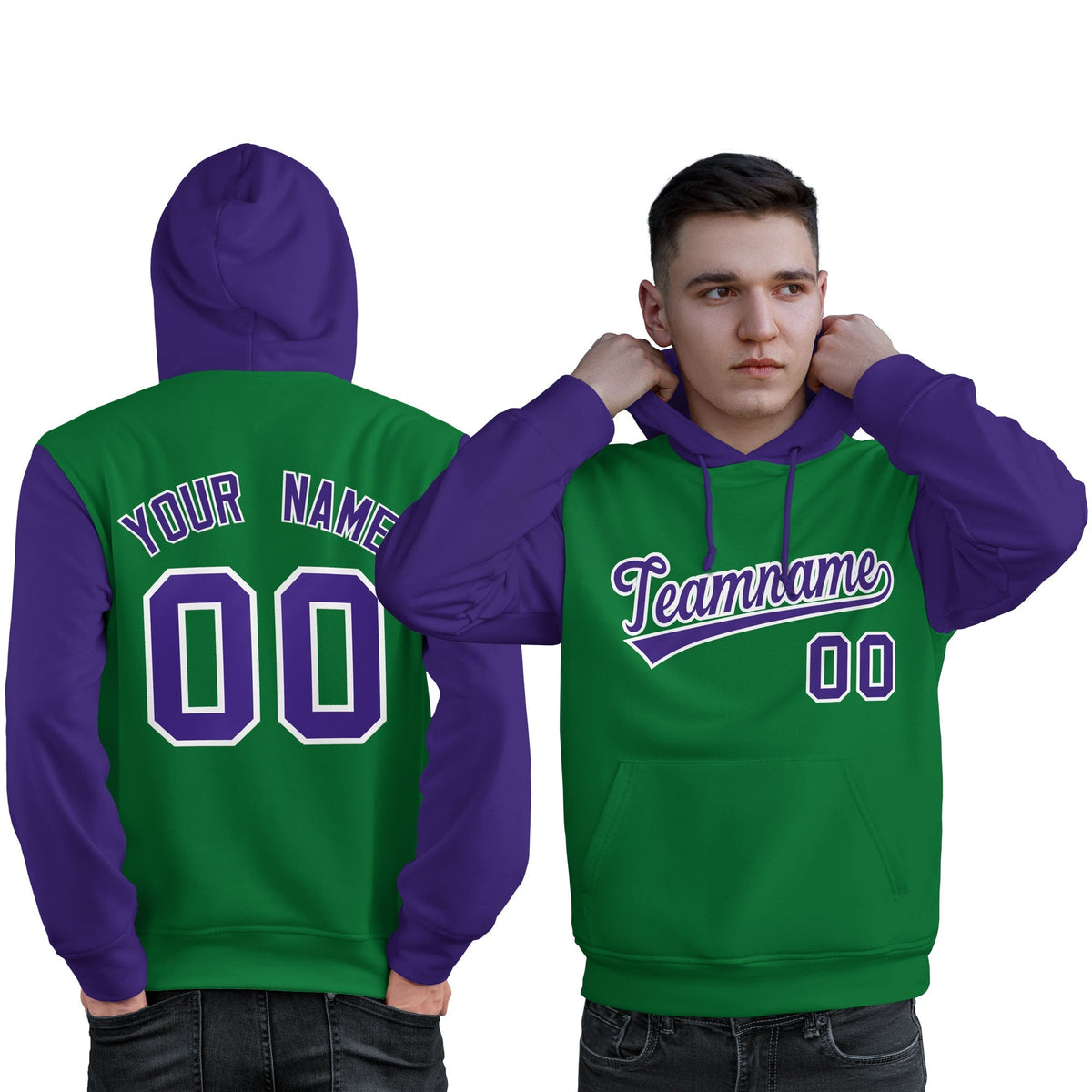 Custom Kelly Green Purple-White Raglan Sleeves Pullover Personalized Sweatshirt Hoodie| KXKSHOP