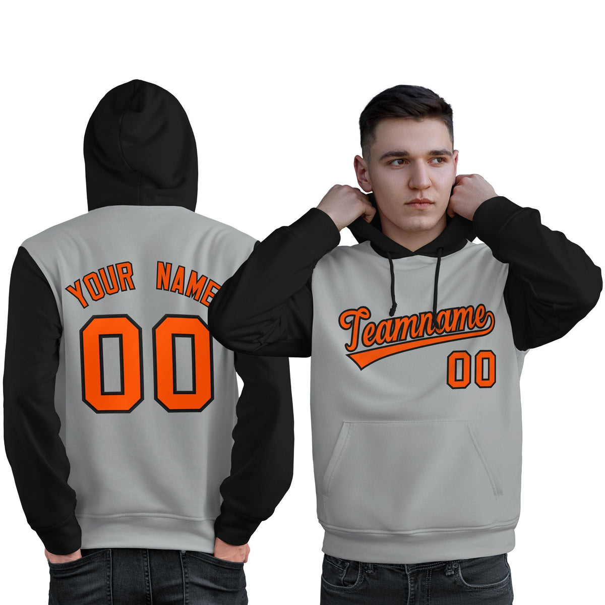 Custom Gray Orange-Black Raglan Sleeves Pullover Personalized Sweatshirt Hoodie| KXKSHOP