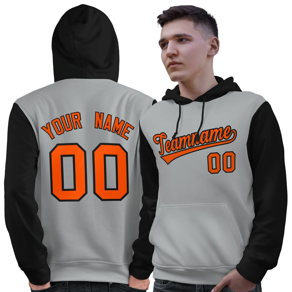 Custom Gray Orange-Black Raglan Sleeves Pullover Personalized Sweatshirt Hoodie| KXKSHOP