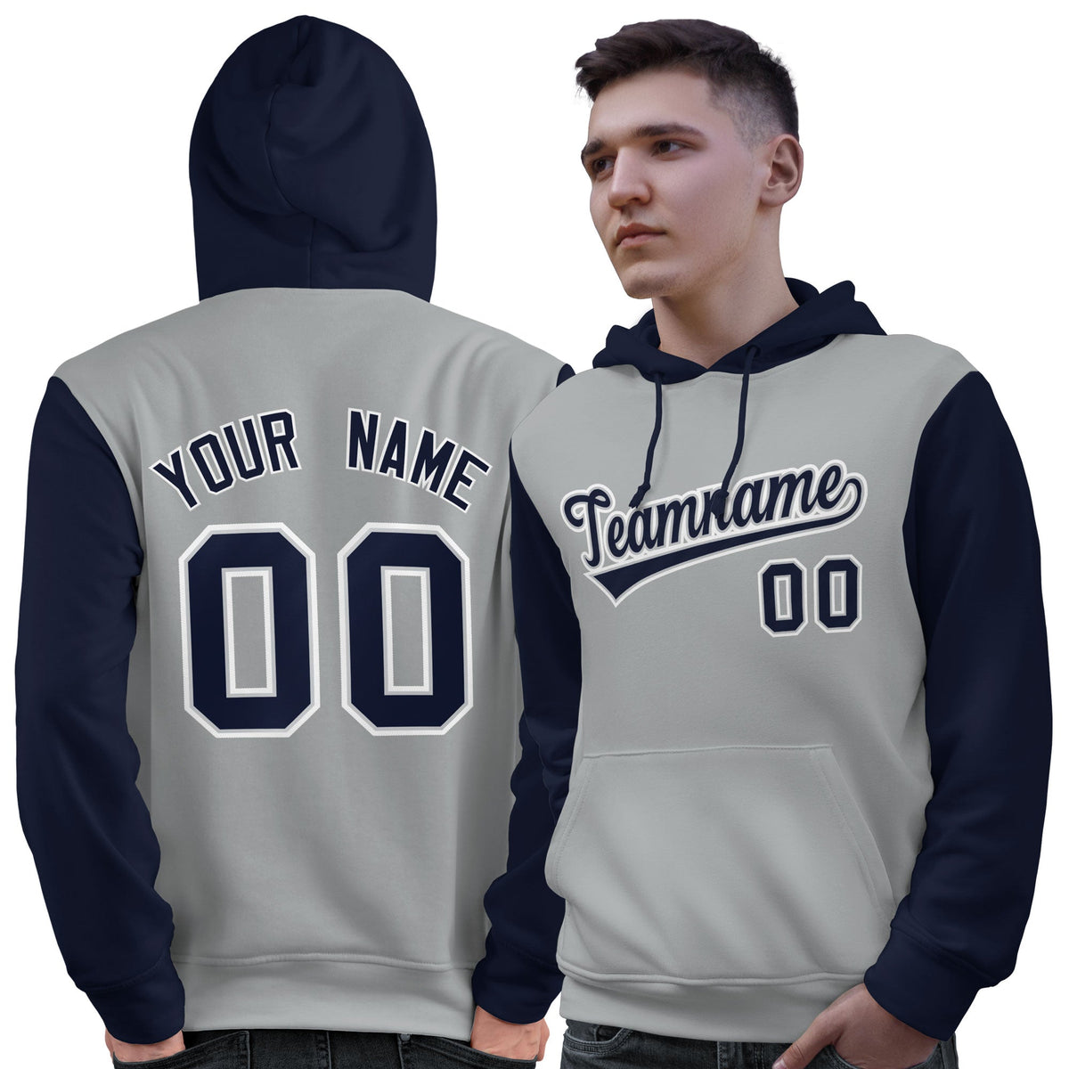 Custom Gray Navy-White Raglan Sleeves Pullover Personalized Sweatshirt Hoodie| KXKSHOP
