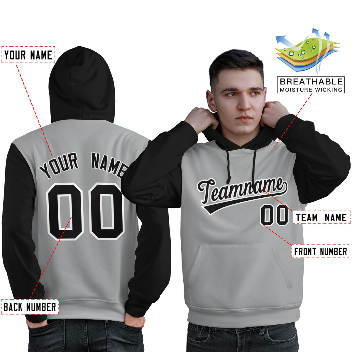 Custom Gray Black-White Raglan Sleeves Pullover Personalized Sweatshirt Hoodie| KXKSHOP