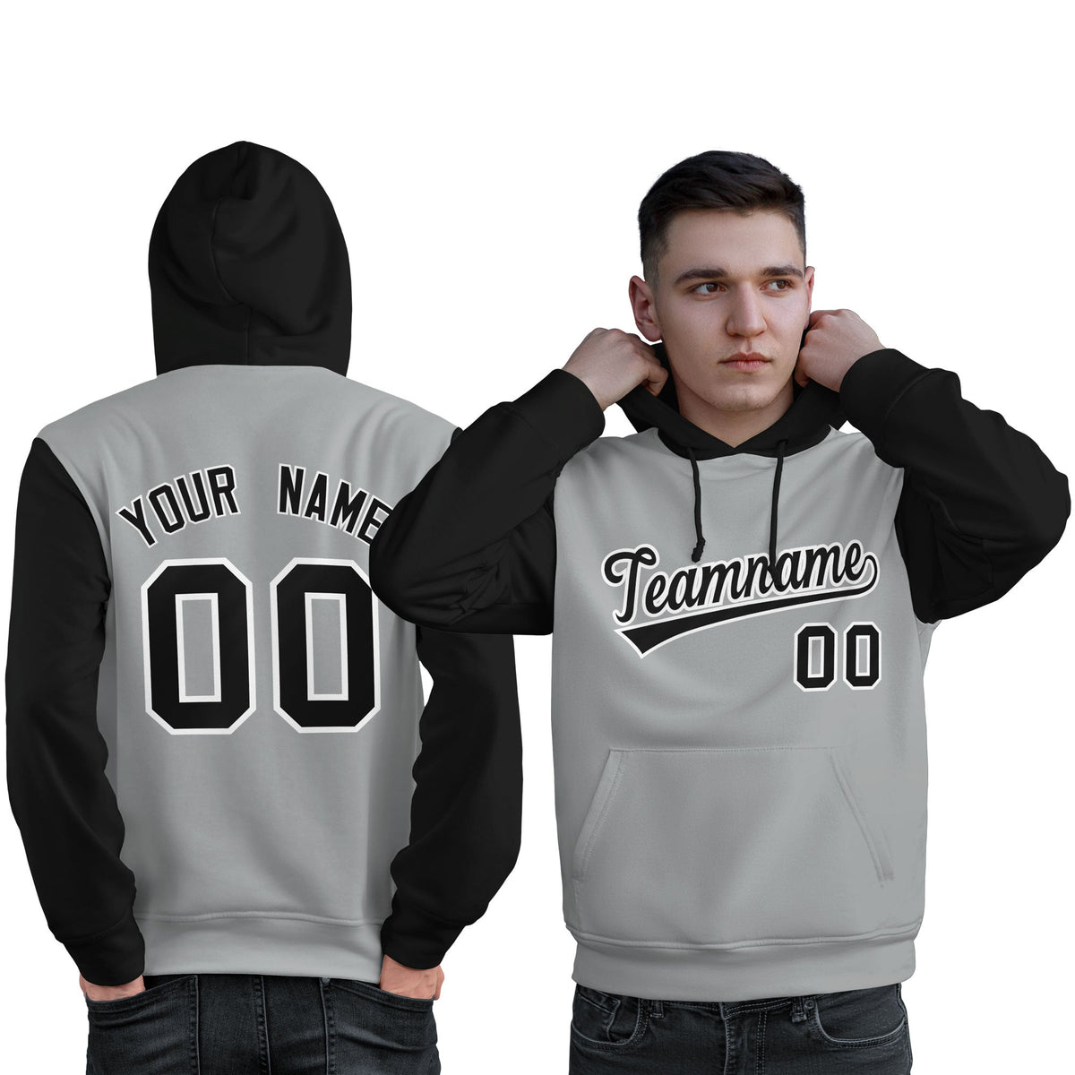 Custom Gray Black-White Raglan Sleeves Pullover Personalized Sweatshirt Hoodie| KXKSHOP
