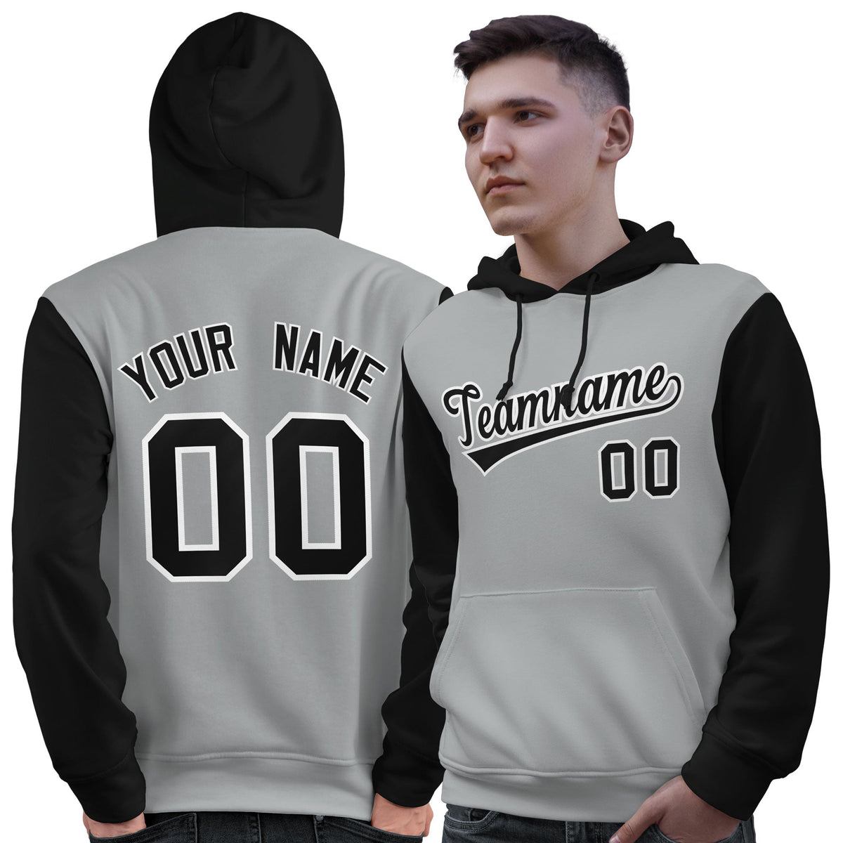Custom Gray Black-White Raglan Sleeves Pullover Personalized Sweatshirt Hoodie| KXKSHOP
