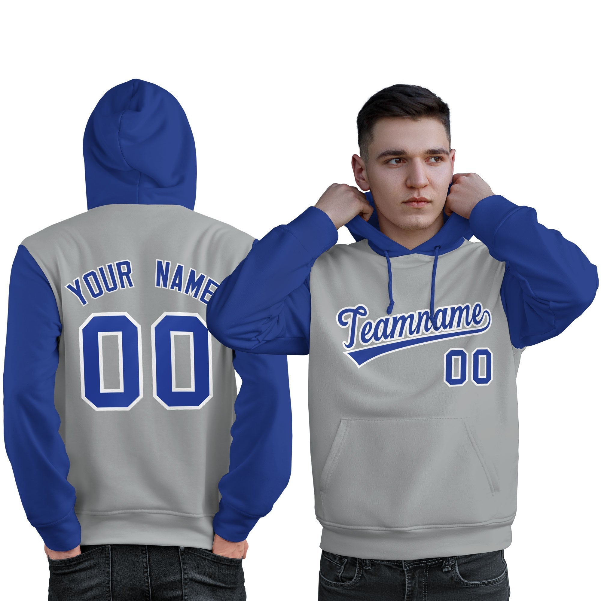 Custom Gray Royal-White Raglan Sleeves Pullover Personalized Sweatshirt Hoodie| KXKSHOP