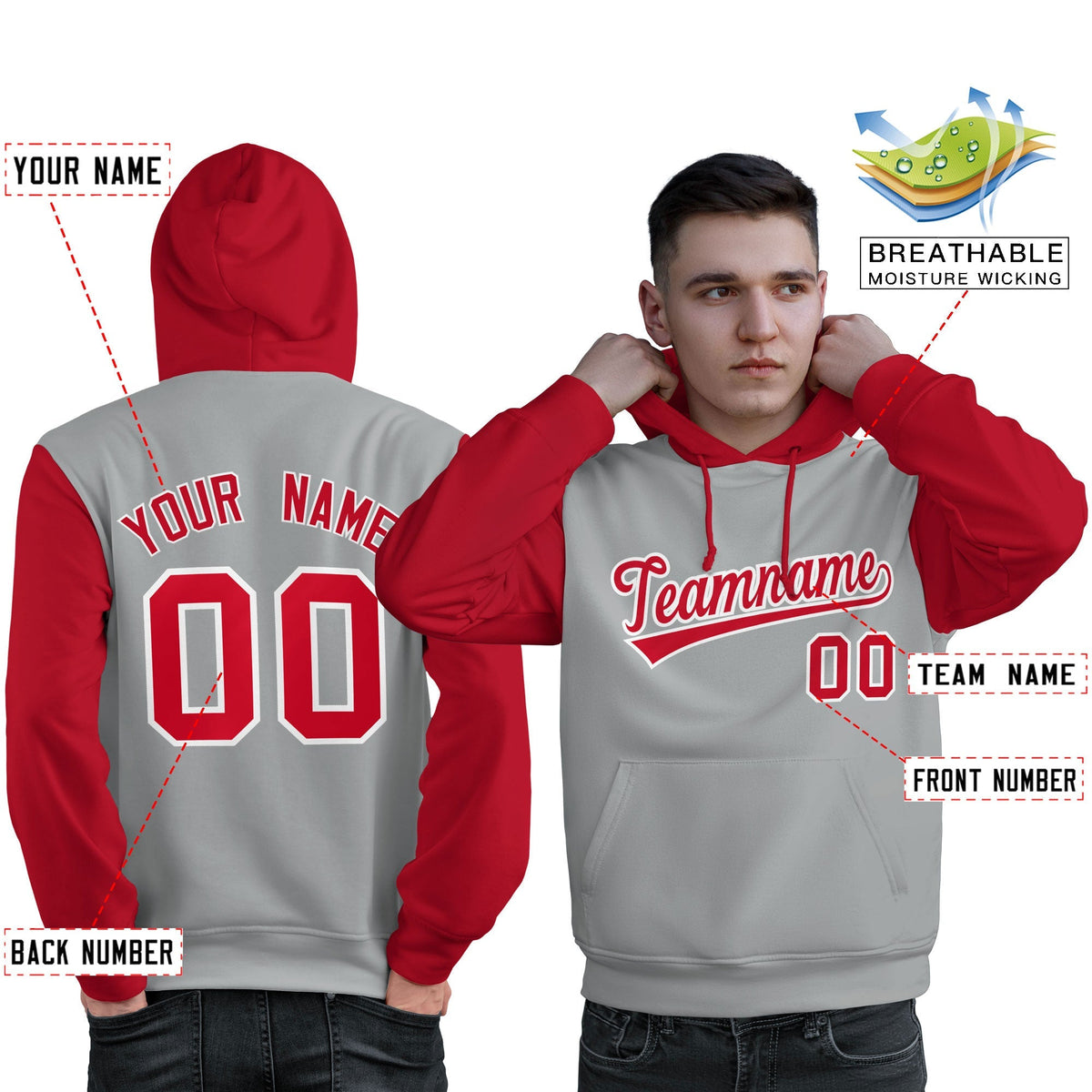 Custom Gray Red-White Raglan Sleeves Pullover Personalized Sweatshirt Hoodie| KXKSHOP