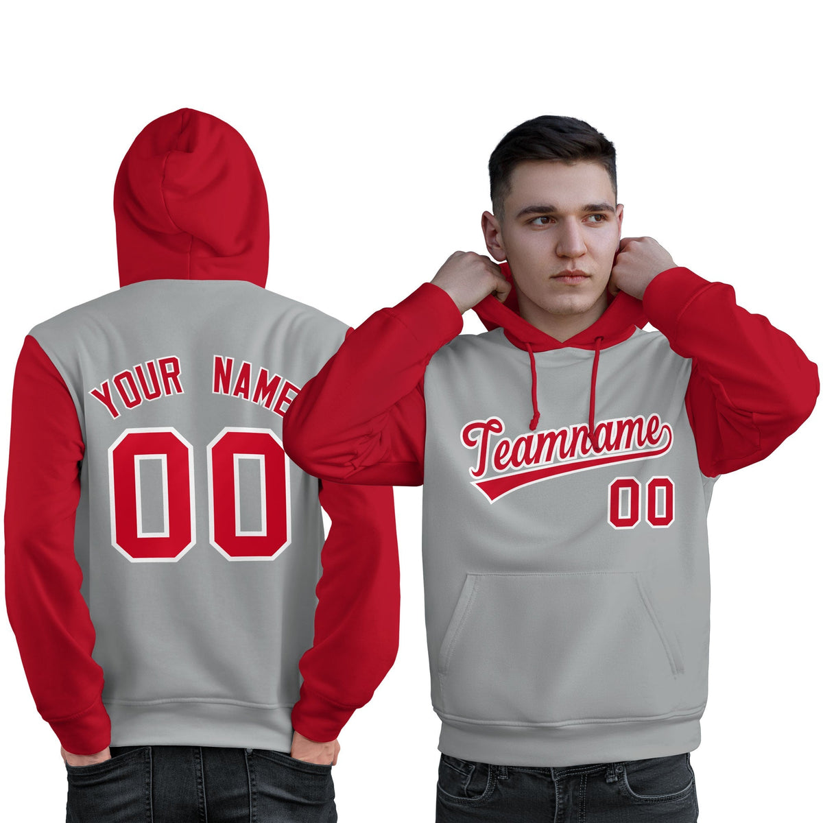 Custom Gray Red-White Raglan Sleeves Pullover Personalized Sweatshirt Hoodie| KXKSHOP