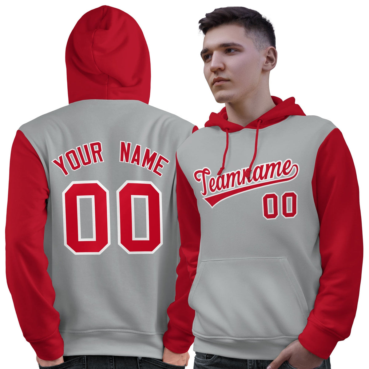 Custom Gray Red-White Raglan Sleeves Pullover Personalized Sweatshirt Hoodie| KXKSHOP