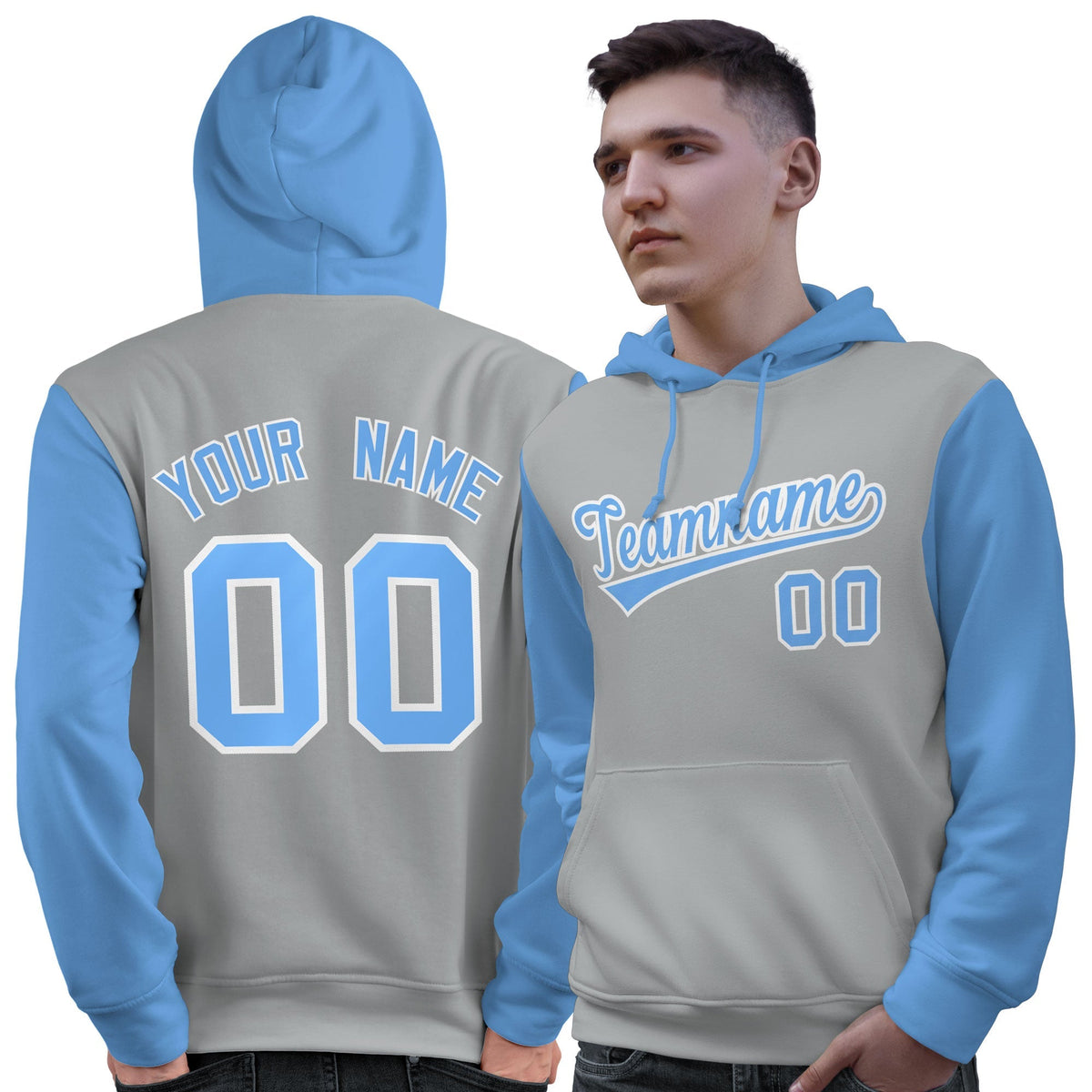 Custom Gray Light Blue-White Raglan Sleeves Pullover Personalized Sweatshirt Hoodie| KXKSHOP