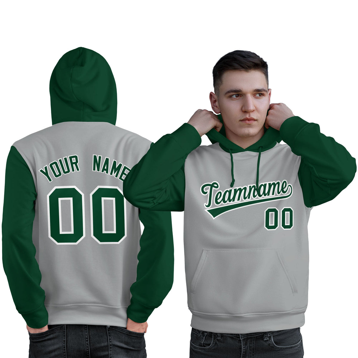 Custom Gray Green-White Raglan Sleeves Pullover Personalized Sweatshirt Hoodie| KXKSHOP