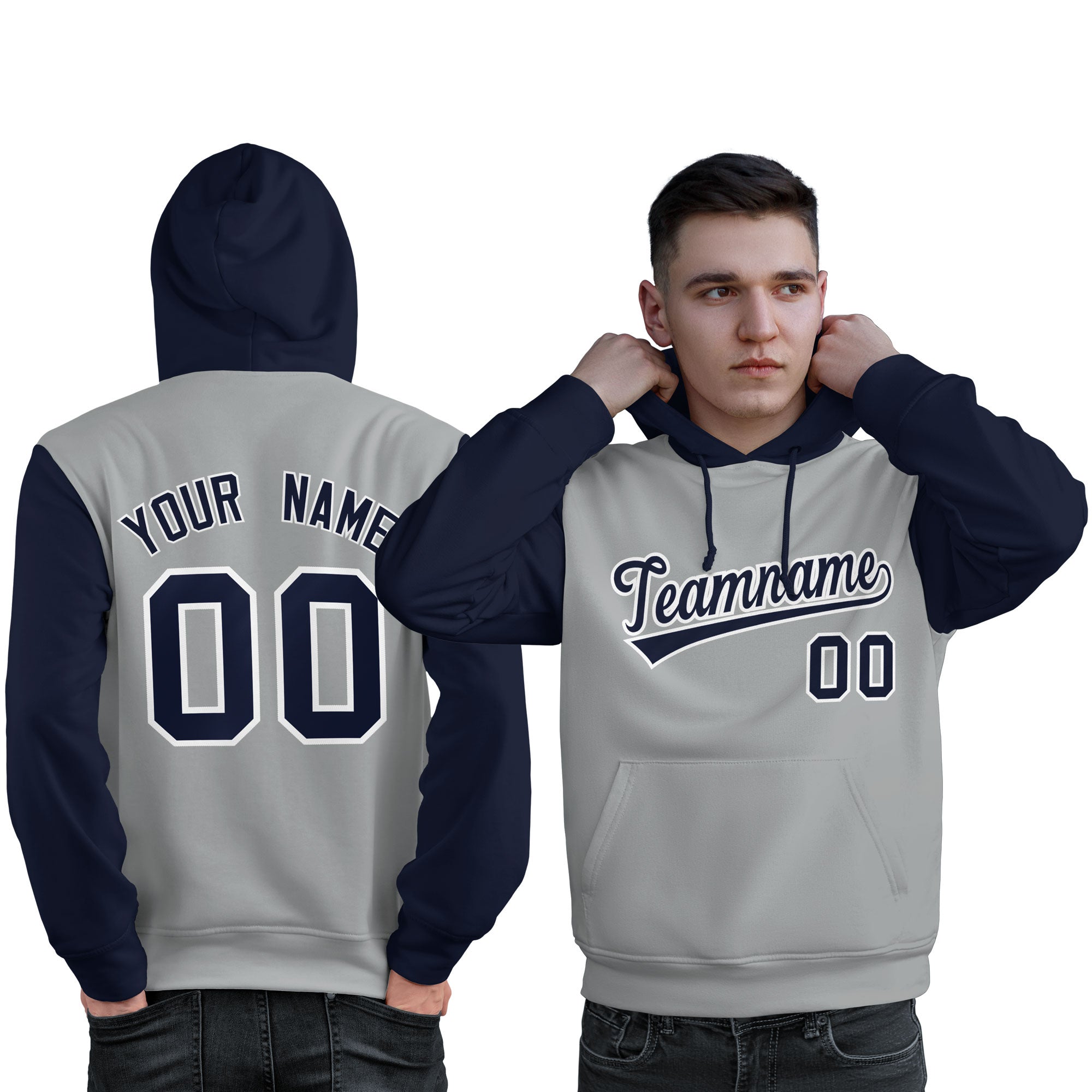 Custom Gray Navy-White Raglan Sleeves Pullover Personalized Sweatshirt Hoodie| KXKSHOP
