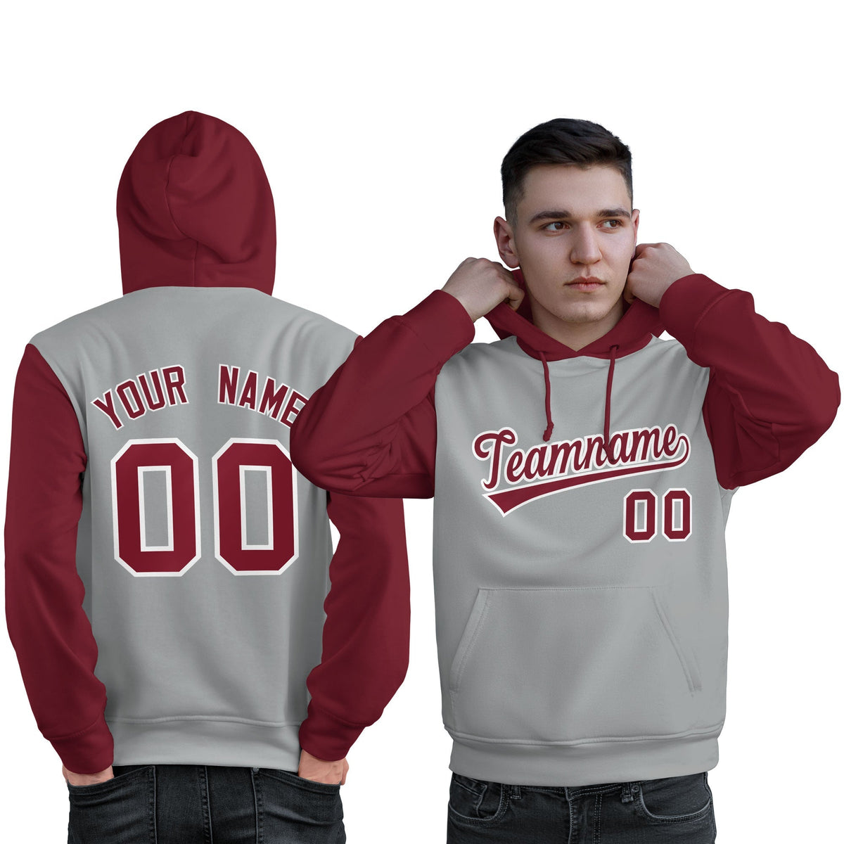 Custom Gray Crimson-White Raglan Sleeves Pullover Personalized Sweatshirt Hoodie| KXKSHOP
