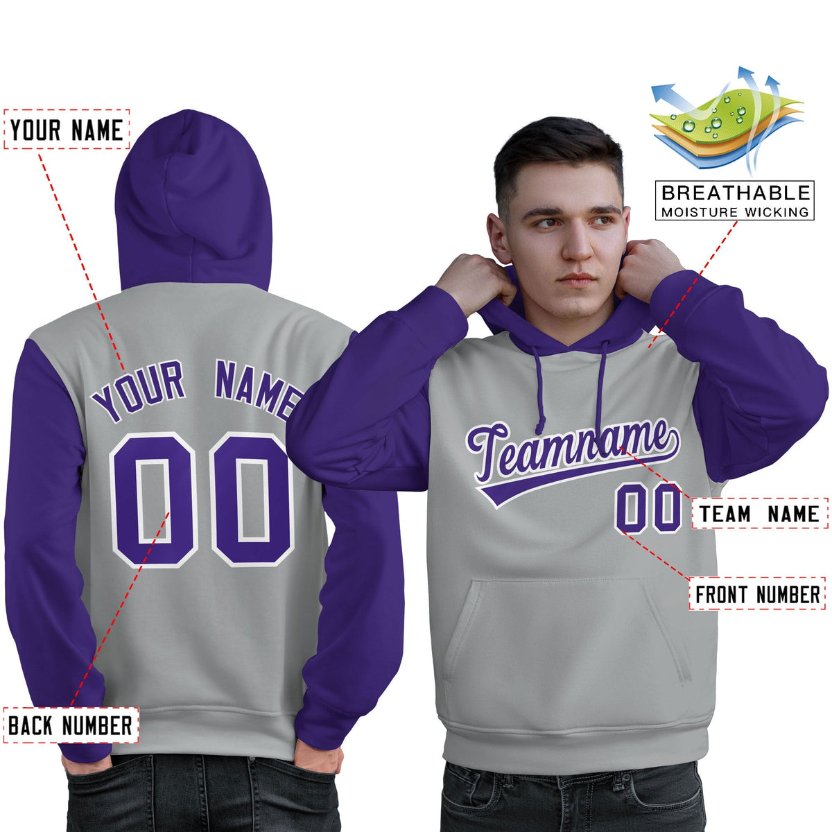 Custom Gray Purple-White Raglan Sleeves Pullover Personalized Sweatshirt Hoodie| KXKSHOP