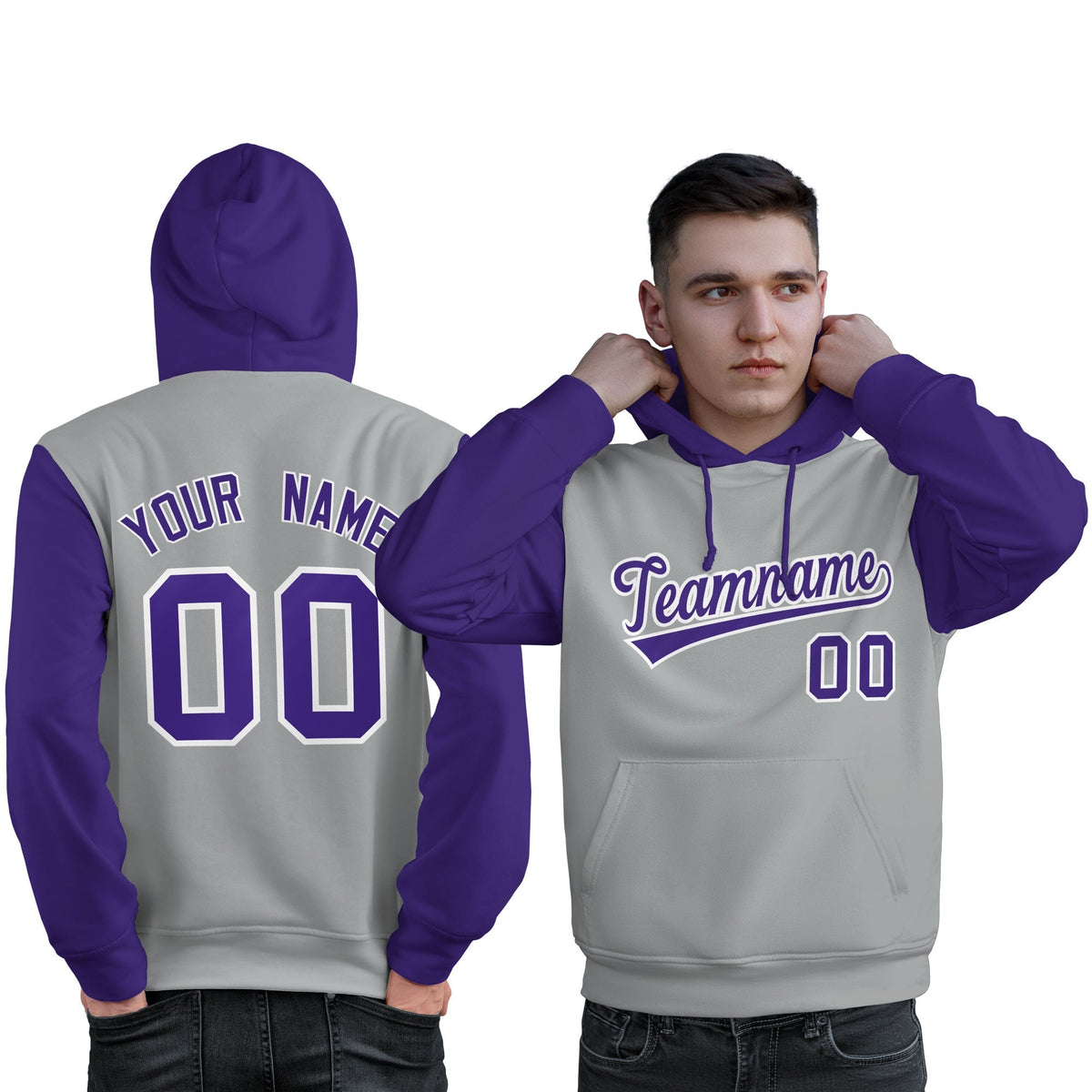 Custom Gray Purple-White Raglan Sleeves Pullover Personalized Sweatshirt Hoodie| KXKSHOP