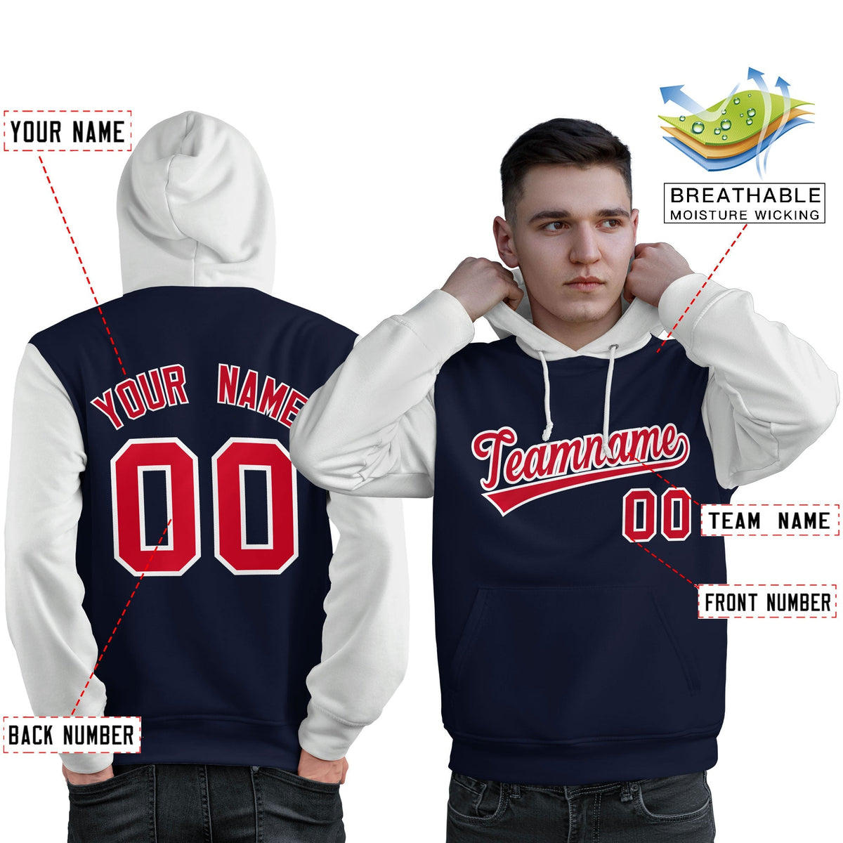Custom Navy Red-White Raglan Sleeves Pullover Personalized Sweatshirt Hoodie| KXKSHOP