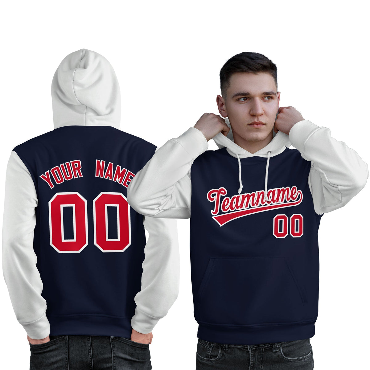 Custom Navy Red-White Raglan Sleeves Pullover Personalized Sweatshirt Hoodie| KXKSHOP