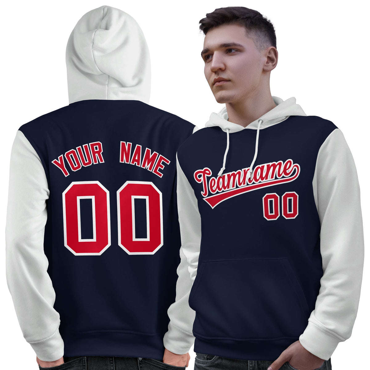 Custom Navy Red-White Raglan Sleeves Pullover Personalized Sweatshirt Hoodie| KXKSHOP