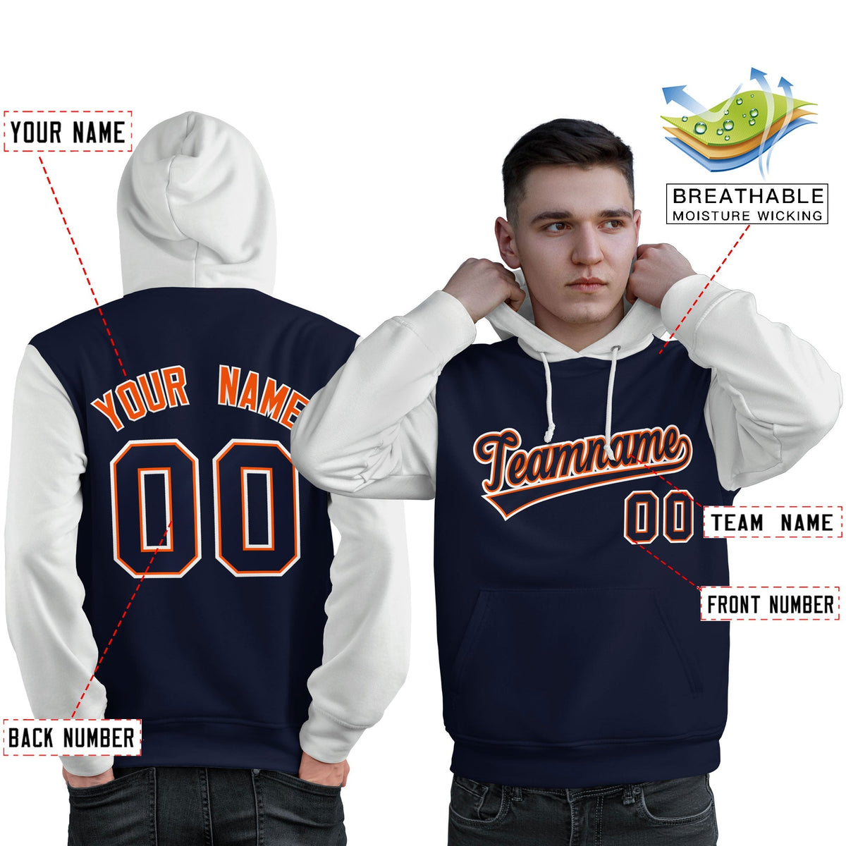 Custom Navy Orange-White Raglan Sleeves Pullover Personalized Sweatshirt Hoodie| KXKSHOP