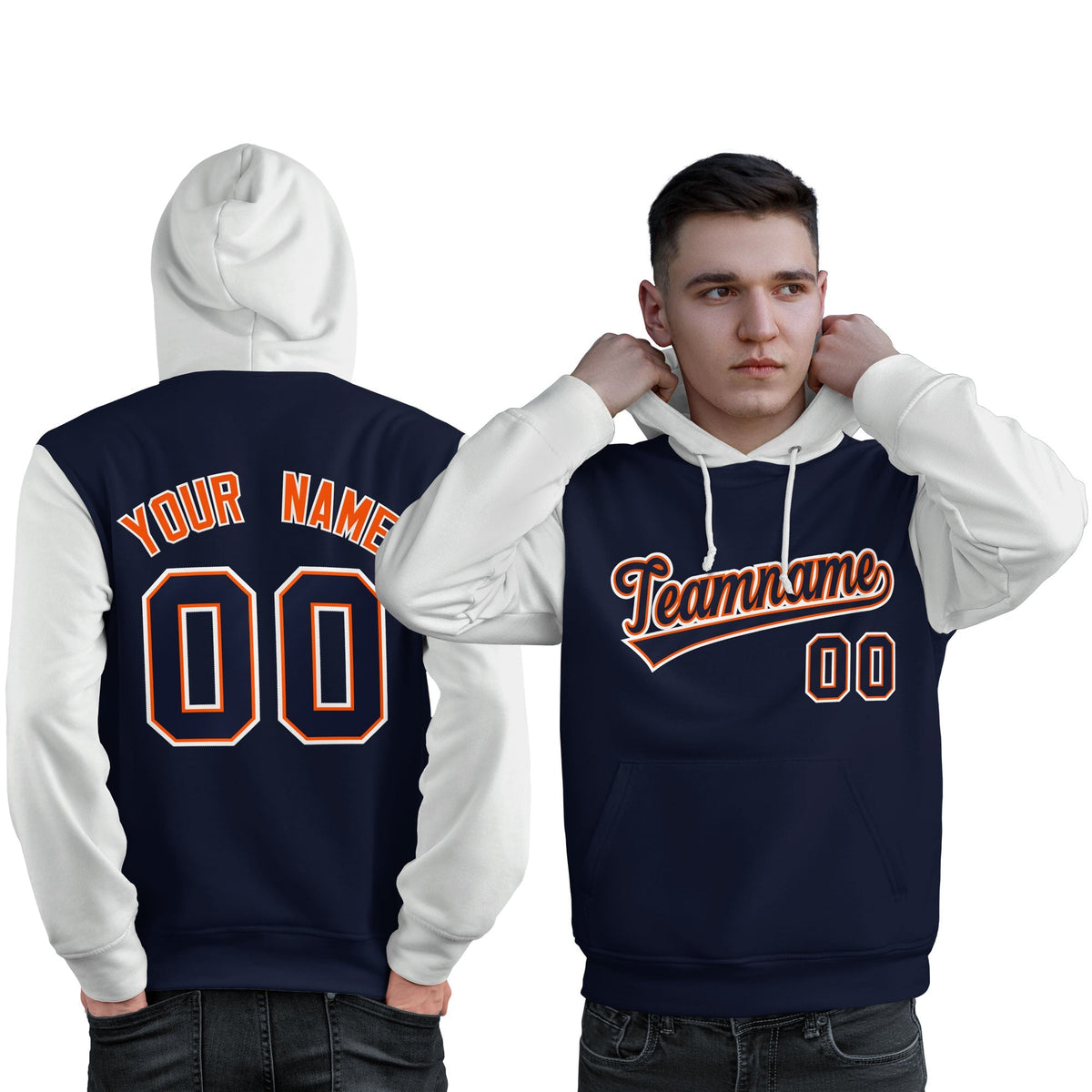 Custom Navy Orange-White Raglan Sleeves Pullover Personalized Sweatshirt Hoodie| KXKSHOP