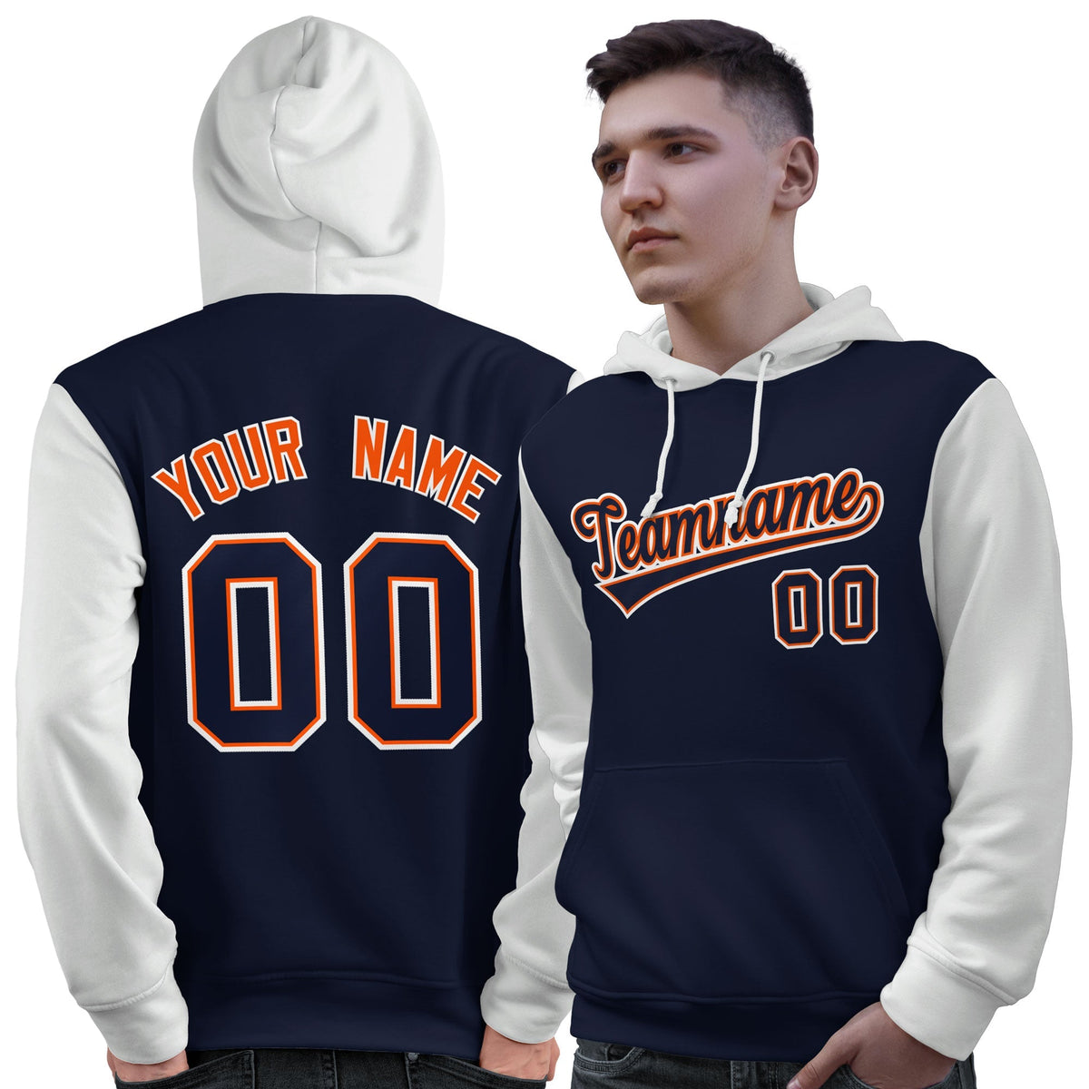 Custom Navy Orange-White Raglan Sleeves Pullover Personalized Sweatshirt Hoodie| KXKSHOP