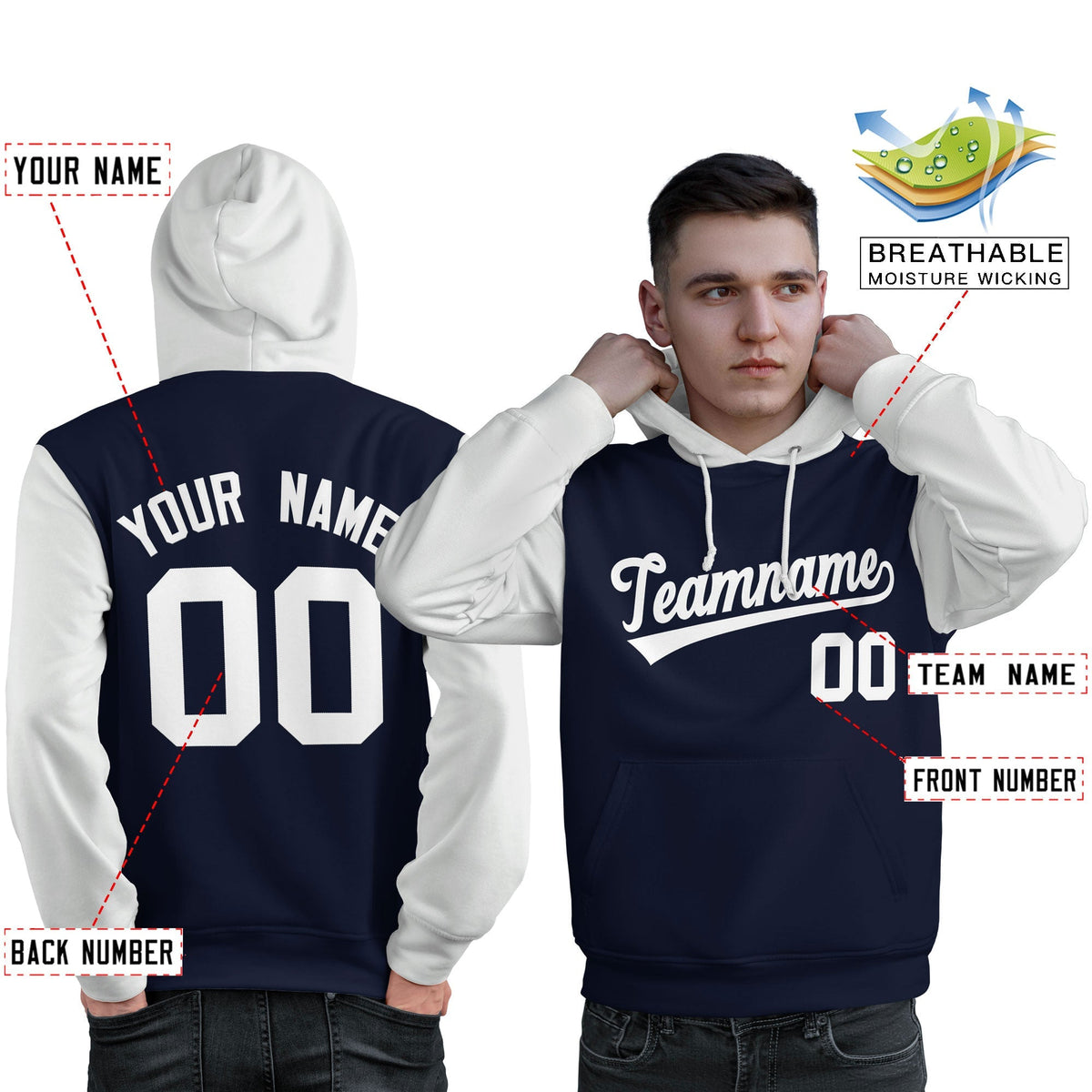 Custom Navy White Raglan Sleeves Pullover Personalized Sweatshirt Hoodie| KXKSHOP