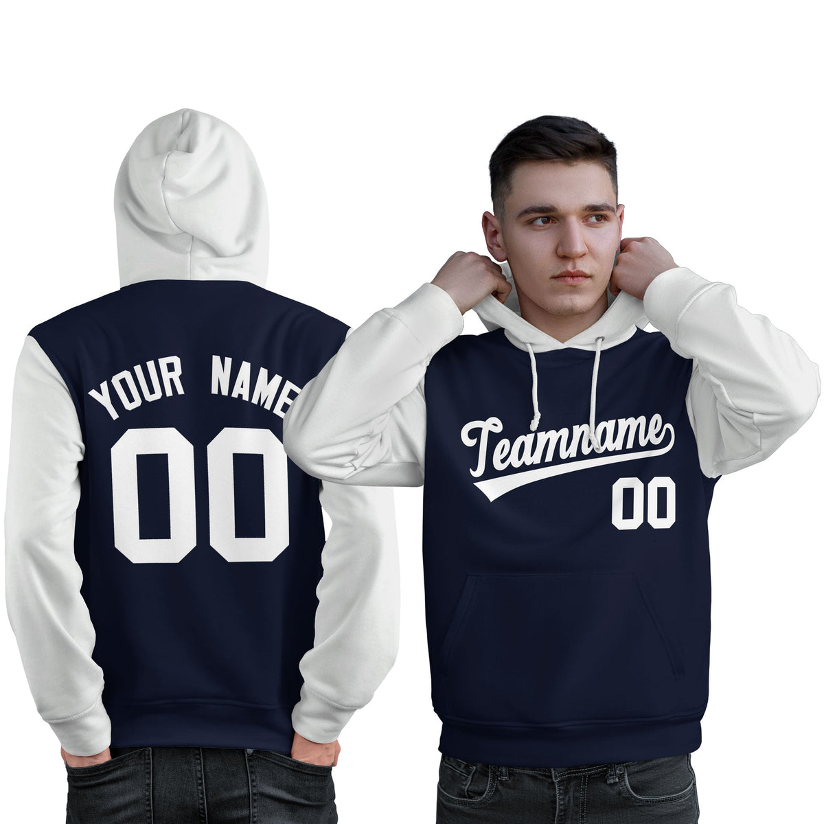Custom Navy White Raglan Sleeves Pullover Personalized Sweatshirt Hoodie| KXKSHOP