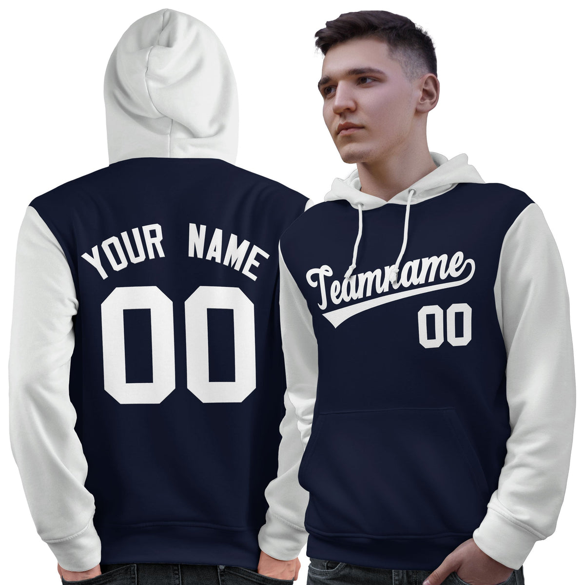 Custom Navy White Raglan Sleeves Pullover Personalized Sweatshirt Hoodie| KXKSHOP