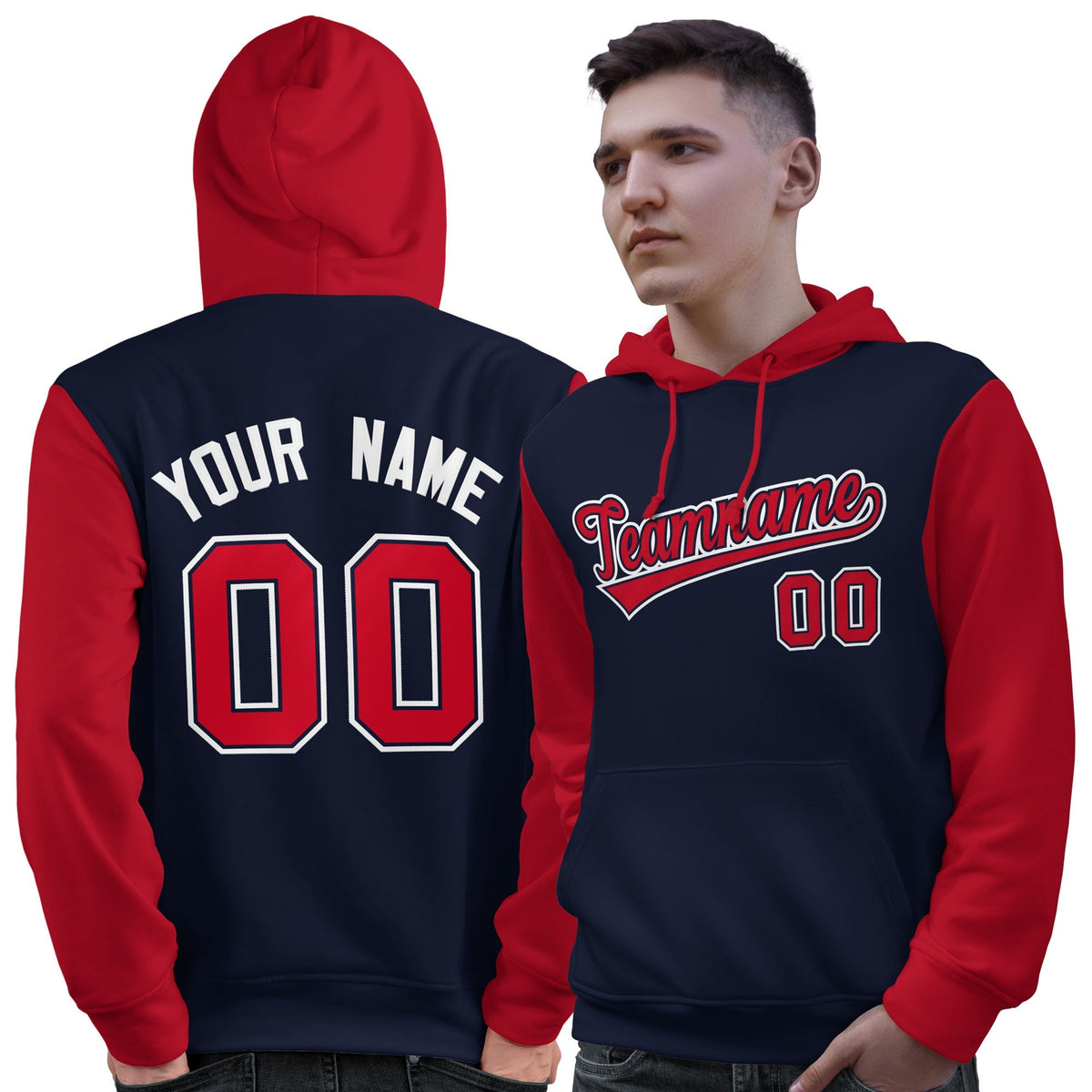 Custom Navy Red-White Raglan Sleeves Pullover Personalized Sweatshirt Hoodie| KXKSHOP