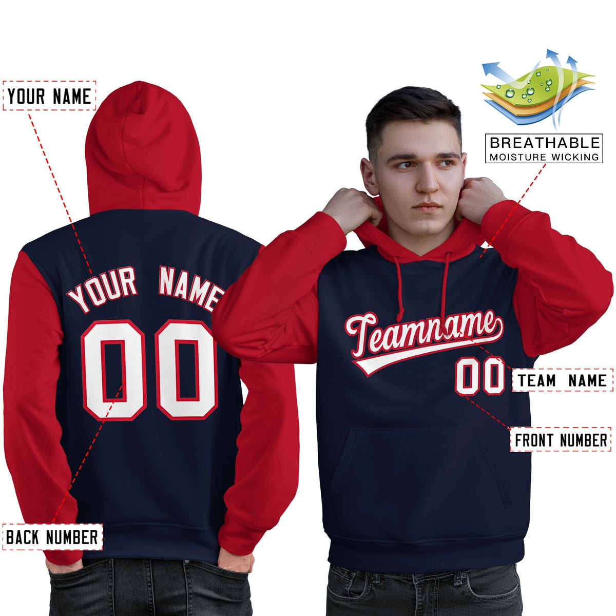 Custom Navy White-Red Raglan Sleeves Pullover Personalized Sweatshirt Hoodie| KXKSHOP