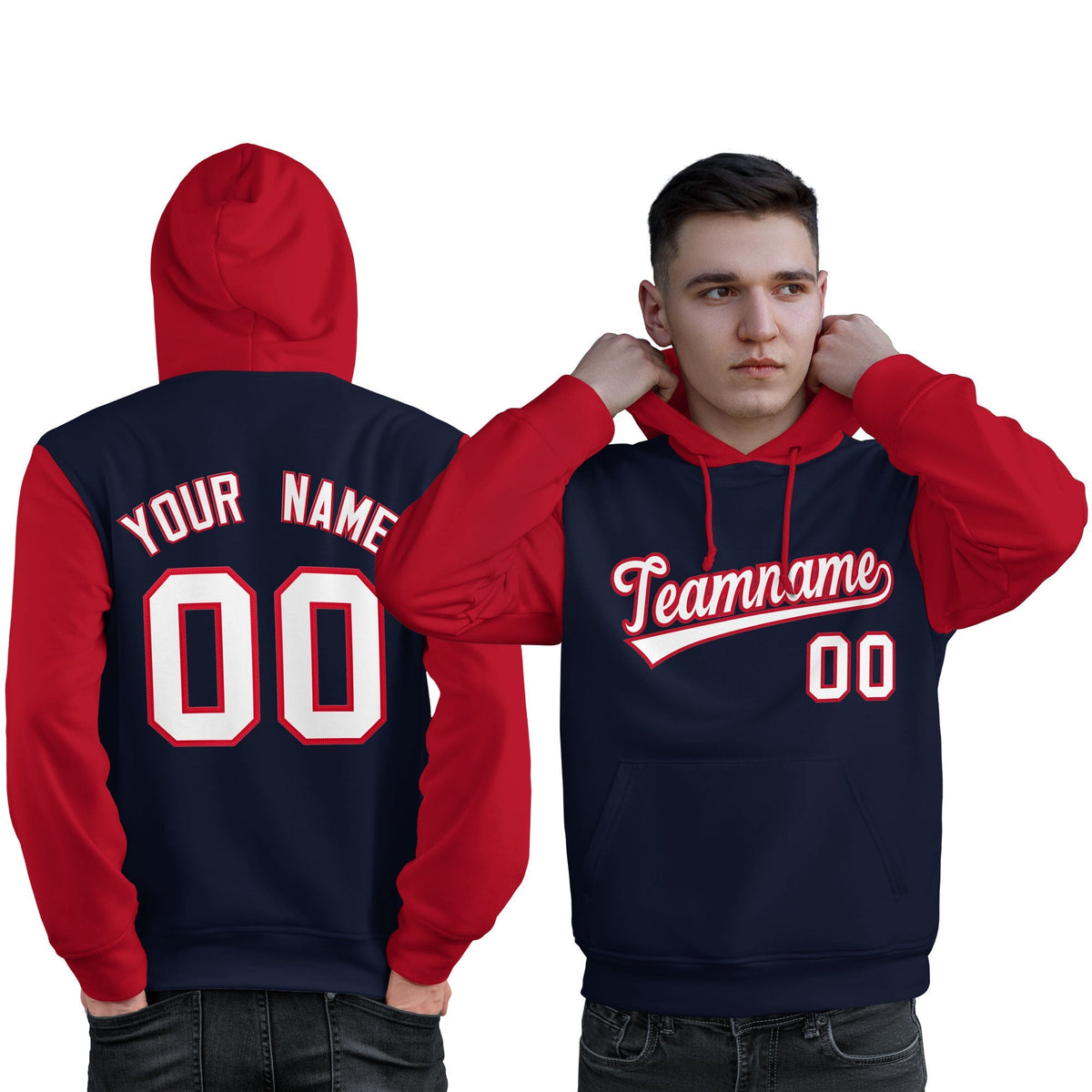 Custom Navy White-Red Raglan Sleeves Pullover Personalized Sweatshirt Hoodie| KXKSHOP