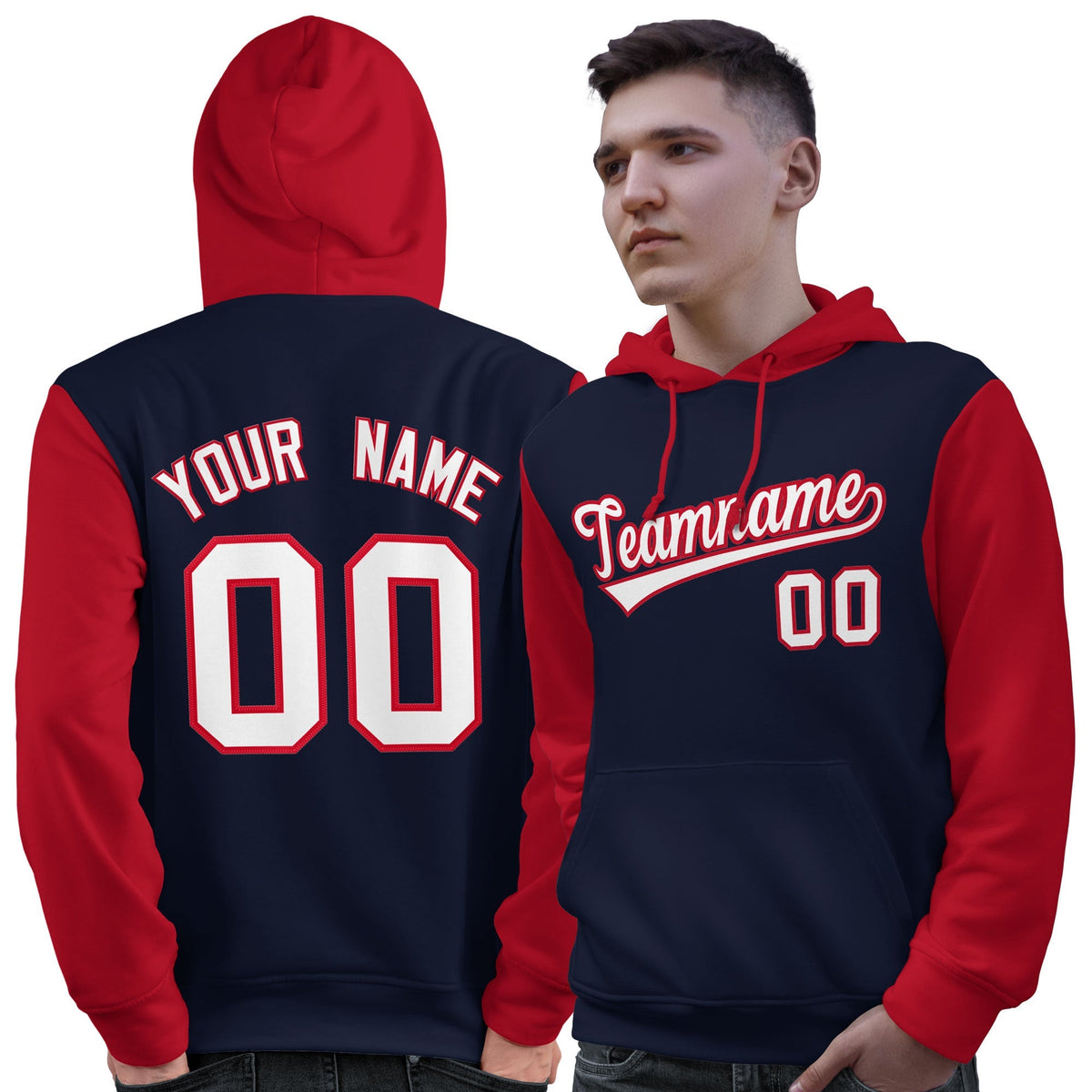 Custom Navy White-Red Raglan Sleeves Pullover Personalized Sweatshirt Hoodie| KXKSHOP