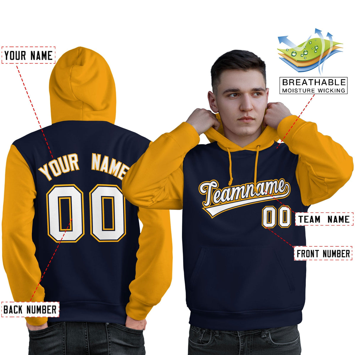 Custom Navy White-Gold Raglan Sleeves Pullover Personalized Sweatshirt Hoodie| KXKSHOP