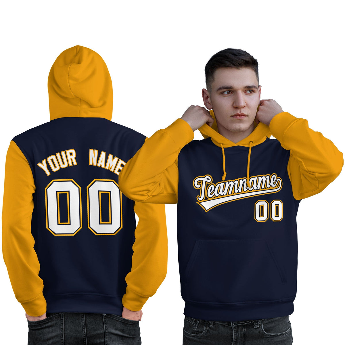 Custom Navy White-Gold Raglan Sleeves Pullover Personalized Sweatshirt Hoodie| KXKSHOP