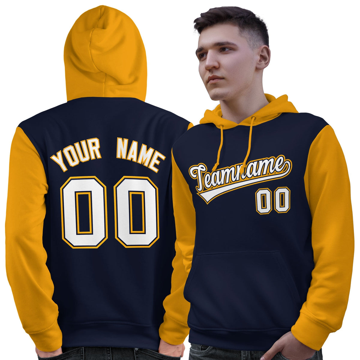 Custom Navy White-Gold Raglan Sleeves Pullover Personalized Sweatshirt Hoodie| KXKSHOP