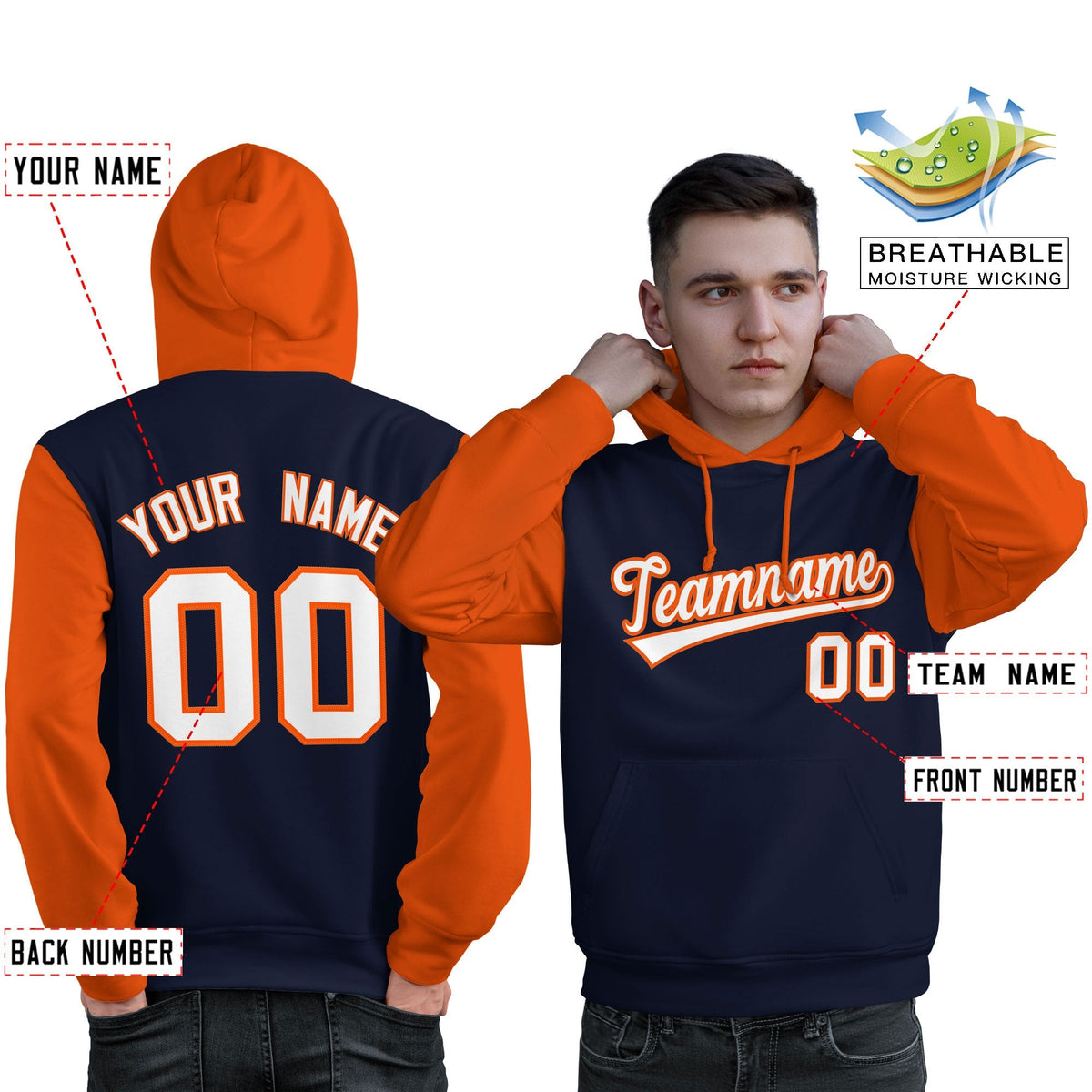 Custom Navy White-Orange Raglan Sleeves Pullover Personalized Sweatshirt Hoodie| KXKSHOP
