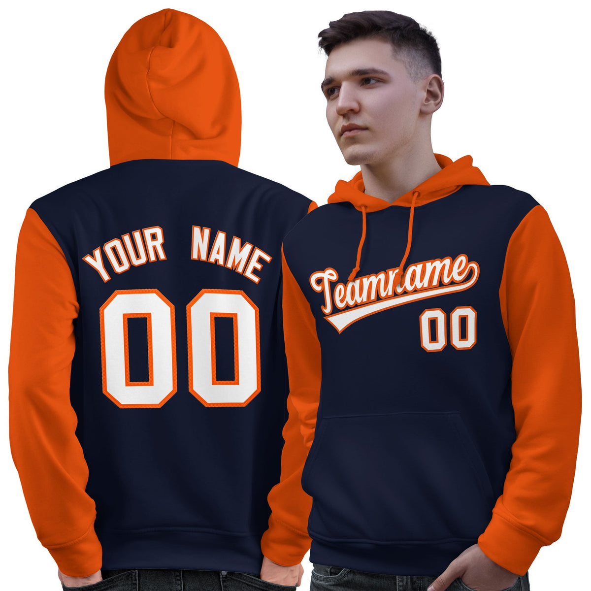 Custom Navy White-Orange Raglan Sleeves Pullover Personalized Sweatshirt Hoodie| KXKSHOP