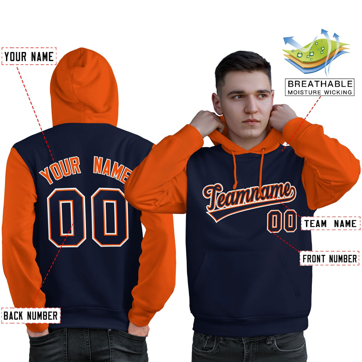 Custom Navy Orange-White Raglan Sleeves Pullover Personalized Sweatshirt Hoodie| KXKSHOP
