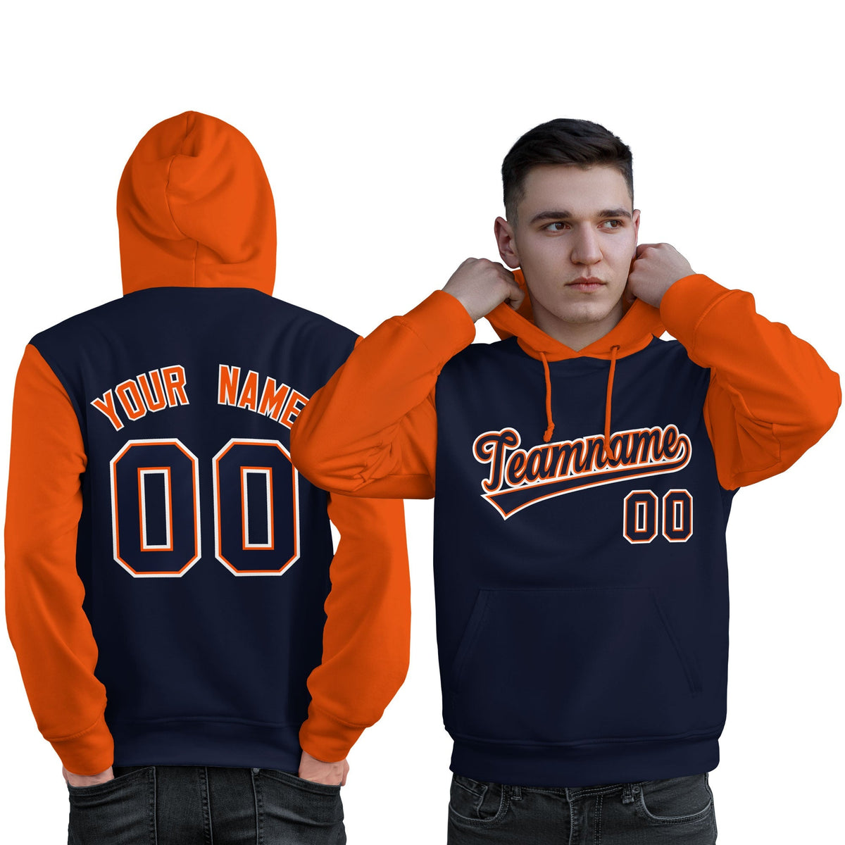 Custom Navy Orange-White Raglan Sleeves Pullover Personalized Sweatshirt Hoodie| KXKSHOP