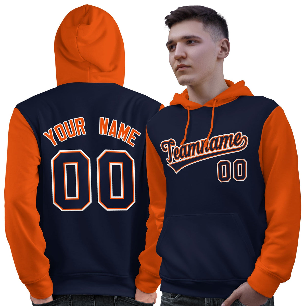 Custom Navy Orange-White Raglan Sleeves Pullover Personalized Sweatshirt Hoodie| KXKSHOP