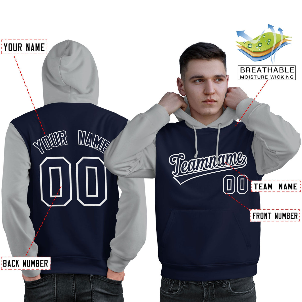 Custom Navy White-Gray Raglan Sleeves Pullover Personalized Sweatshirt Hoodie| KXKSHOP