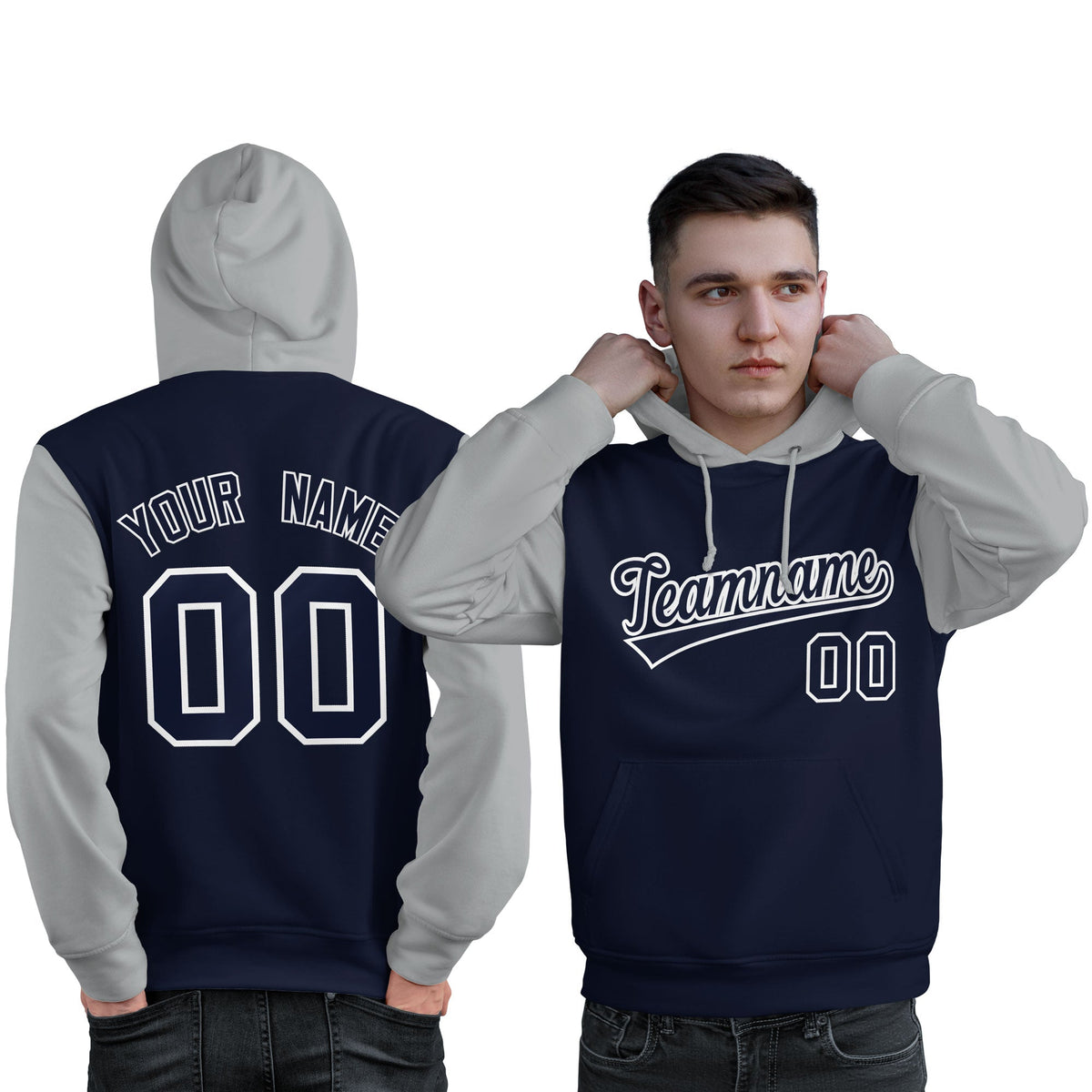 Custom Navy White-Gray Raglan Sleeves Pullover Personalized Sweatshirt Hoodie| KXKSHOP